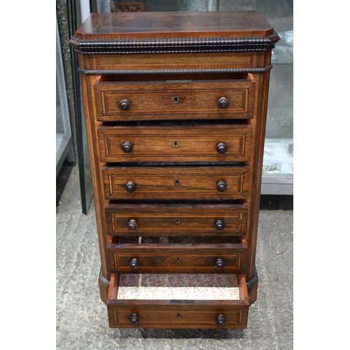 25K - AN EARLY VICTORIAN ROSEWOOD MINIATURE COLLECTORS APPRENTICE WELLINGTON TYPE CHEST with six drawers a... 