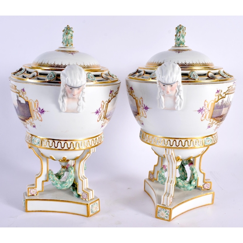 33 - A FINE PAIR OF 19TH ENTURY MEISSEN POT-POURRI VASES AND COVERS with blue crossed swords marks, incis... 