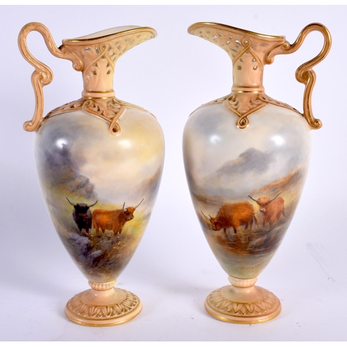 35 - A VERY FINE PAIR OF ROYAL WORCESTER RETICULATED PORCELAIN EWERS C1903 painted with cattle in landsca... 