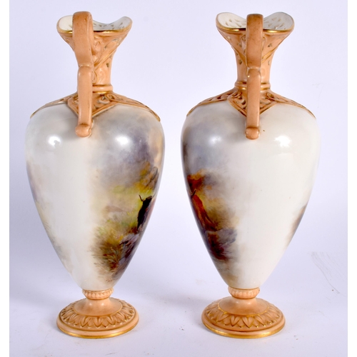 35 - A VERY FINE PAIR OF ROYAL WORCESTER RETICULATED PORCELAIN EWERS C1903 painted with cattle in landsca... 