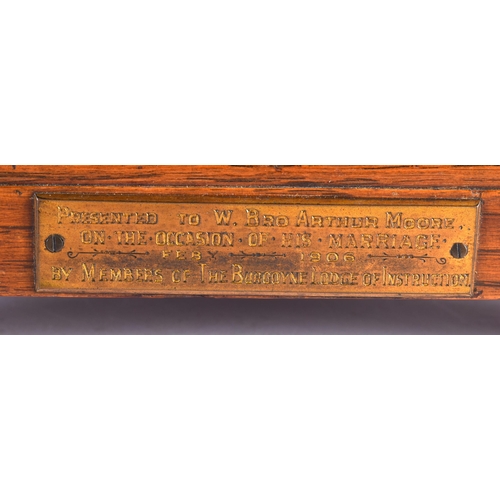 3 - A LARGE LATE VICTORIAN OAK CHIME SILENT MANTEL CLOCK inscribed 'Presented to W Bro Arthur Moore on t... 