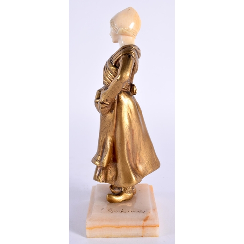 44 - European School (C1900) Gilt bronze, Figure of a girl, marble base. 17 cm high.