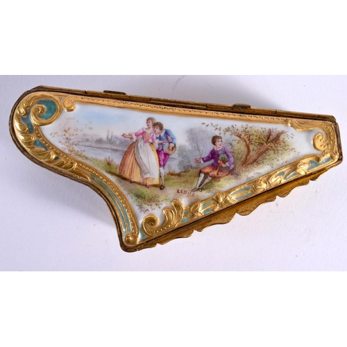 46 - A LATE 19TH CENTURY FRENCH PORCELAIN SNUFF BOX unusually in the form of a harp, painted with lovers ... 