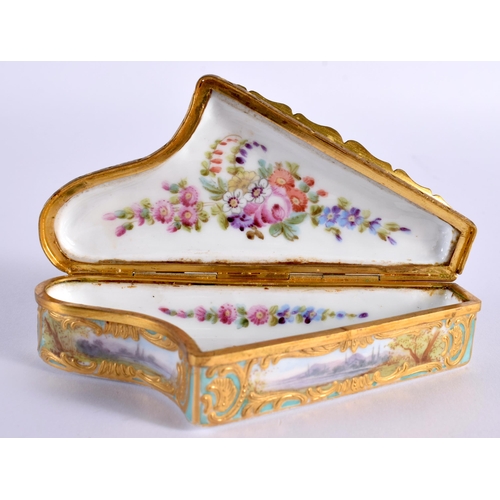 46 - A LATE 19TH CENTURY FRENCH PORCELAIN SNUFF BOX unusually in the form of a harp, painted with lovers ... 