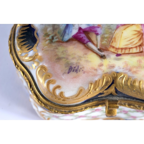 47 - A LATE 19TH CENTURY FRENCH SEVRES STYLE PORCELAIN SNUFF BOX painted with lovers in a landscape by Di... 