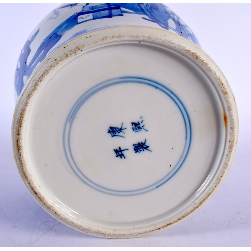 5 - A 19TH CENTURY CHINESE BLUE AND WHITE PORCELAIN VASE bearing Kangxi marks to base, painted with figu... 