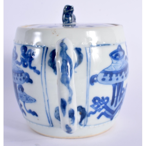 7 - A GOOD 17TH CENTURY CHINESE BLUE AND WHITE PORCELAIN TEAPOT AND COVER Kangxi, of barrel form, painte... 