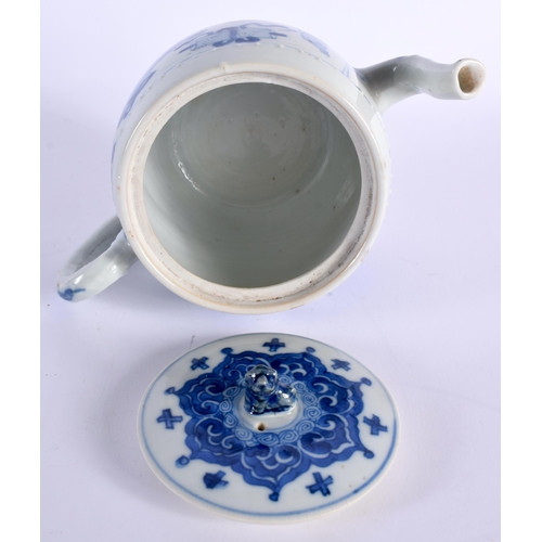 7 - A GOOD 17TH CENTURY CHINESE BLUE AND WHITE PORCELAIN TEAPOT AND COVER Kangxi, of barrel form, painte... 