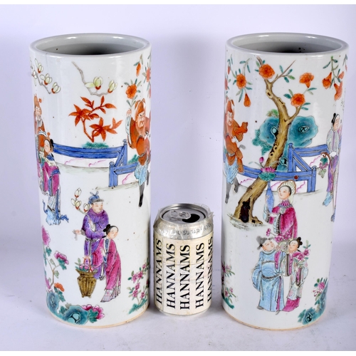 102 - A PAIR OF LATE 19TH CENTURY CHINESE FAMILLE ROSE PORCELAIN CYLINDRICAL VASES Guangxu, bearing Qianlo... 