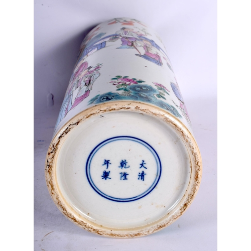 102 - A PAIR OF LATE 19TH CENTURY CHINESE FAMILLE ROSE PORCELAIN CYLINDRICAL VASES Guangxu, bearing Qianlo... 