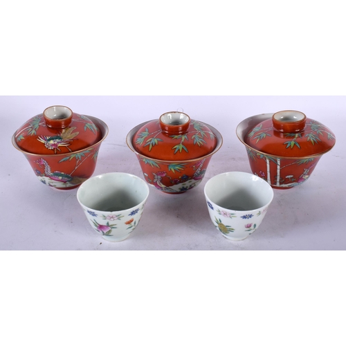 103 - A PAIR OF 19TH CENTURY CHINESE FAMILLE ROSE TEABOWLS Guangxu, together with three Coral ground teabo... 