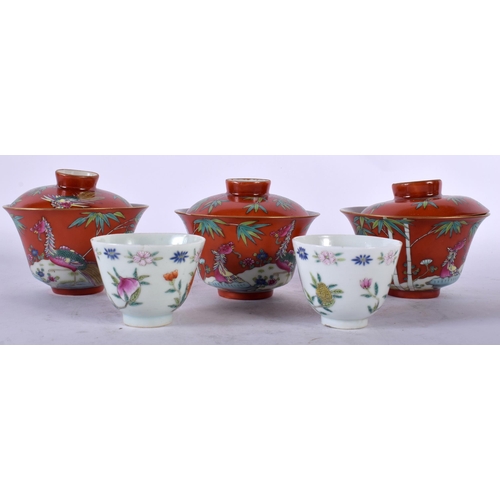 103 - A PAIR OF 19TH CENTURY CHINESE FAMILLE ROSE TEABOWLS Guangxu, together with three Coral ground teabo... 