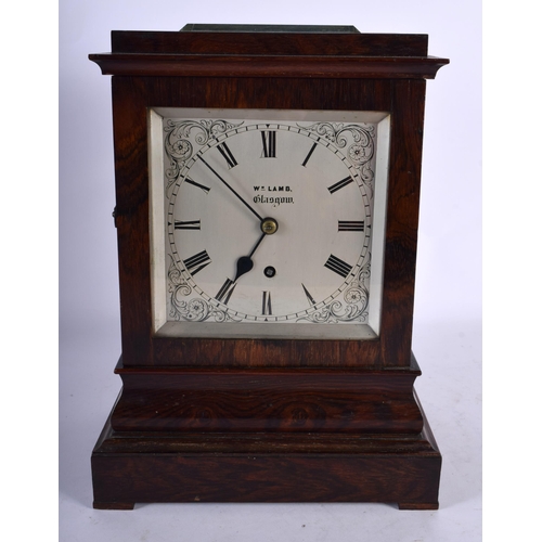 104 - A GOOD MID 19TH CENTURY WILLIAM LAMB OF GLASGOW MANTEL CLOCK with silvered dial decorative with swir... 