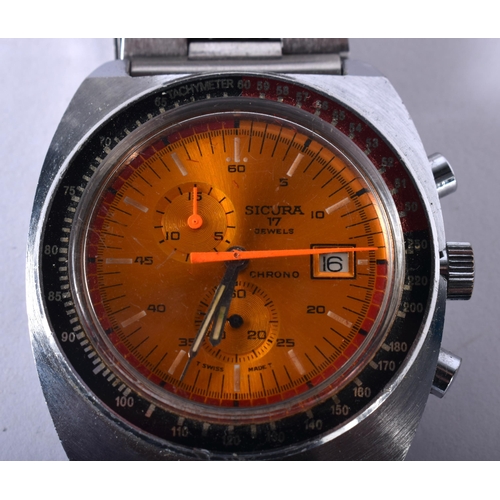 108 - A VINTAGE SICURA ORANGE DIAL WRISTWATCH. 4 cm wide inc winder.