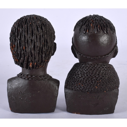 109 - A PAIR OF AFRICAN OJUANG POTTERY BUSTS OF TRIBAL PEOPLE. 10 cm x 4.5 cm.