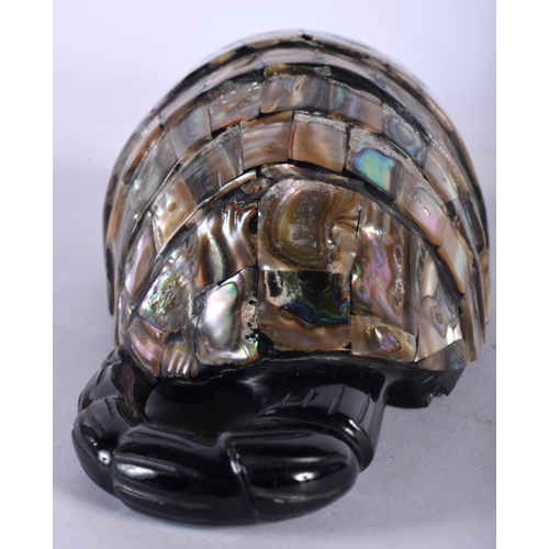 116 - A VERY UNUSUAL BLACK GLASS AND ABALONE SHELL ARMADILLO. 18 cm wide.