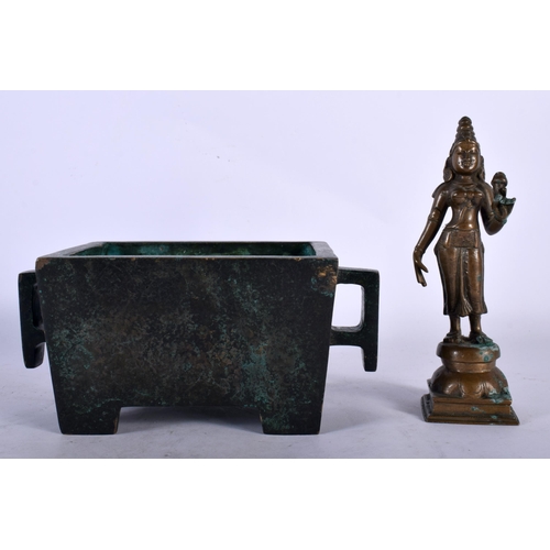 119 - AN ANTIQUE INDIAN BRONZE BUDDHA together with a twin handled Chinese bronze censer. Largest 18.5 cm ... 