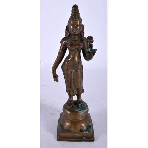 119 - AN ANTIQUE INDIAN BRONZE BUDDHA together with a twin handled Chinese bronze censer. Largest 18.5 cm ... 