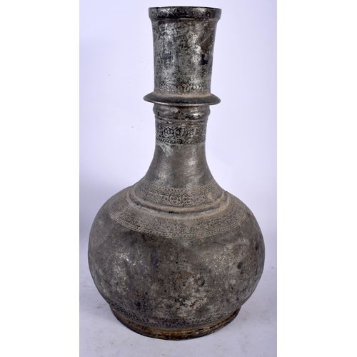 120 - A LARGE 17TH/18TH CENTURY MIDDLE EASTERN SILVERED ALLOY BULBOUS VASE decorative with a banding of fo... 