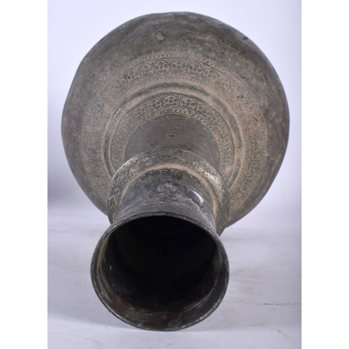 120 - A LARGE 17TH/18TH CENTURY MIDDLE EASTERN SILVERED ALLOY BULBOUS VASE decorative with a banding of fo... 