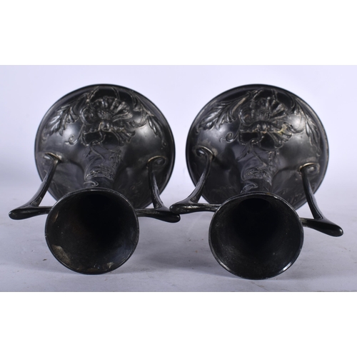 123 - A PAIR OF ART NOUVEAU TWIN HANDLED PEWTER VASES in the Manner of WMF. 21 cm x 8 cm.