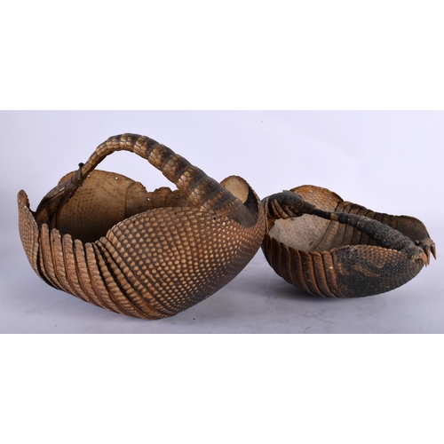 124 - TWO ANTIQUE ARMADILLO BASKETS. Largest 26 cm x 17 cm. (2)