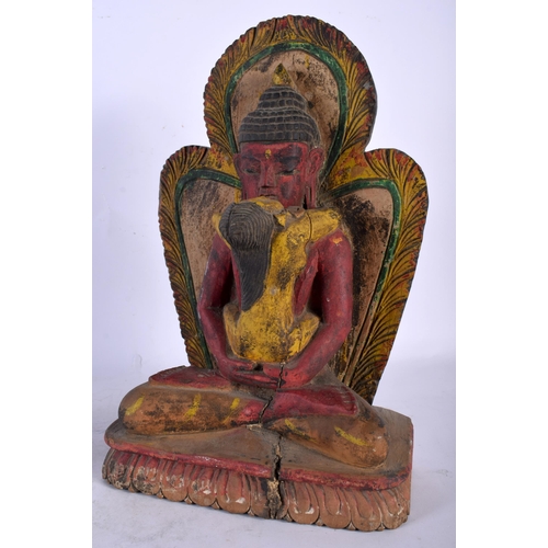 128 - TWO 19TH CENTURY INDIAN PAINTED WOOD BUDDHAS one modelled with hands raised, the other an erotic sta... 