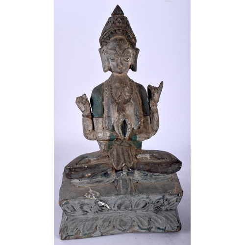 128 - TWO 19TH CENTURY INDIAN PAINTED WOOD BUDDHAS one modelled with hands raised, the other an erotic sta... 