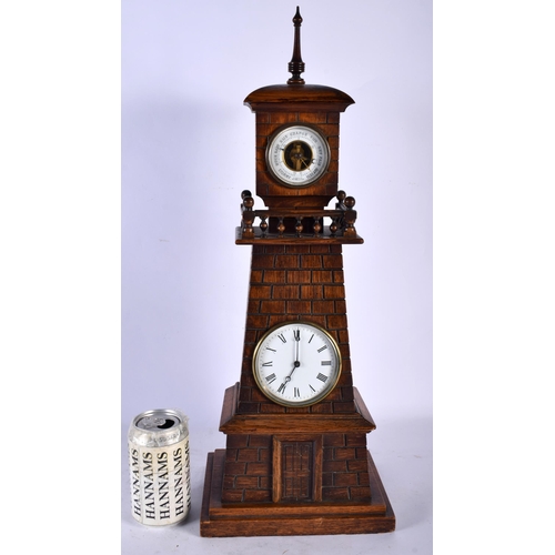 129 - A LARGE AND UNUSUAL LATE VICTORIAN CARVED OAK LIGHTHOUSE FORM CLOCK with aneroid barometer inset in ... 