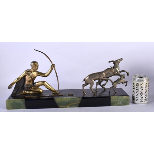 134 - A LARGE FRENCH ART DECO SPELTER MARBLE AND GREEN ONYX FIGURAL GROUP formed as Diana the archer and t... 