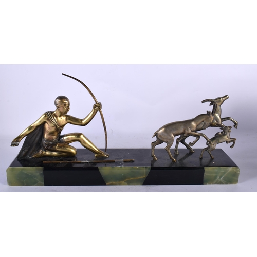 134 - A LARGE FRENCH ART DECO SPELTER MARBLE AND GREEN ONYX FIGURAL GROUP formed as Diana the archer and t... 