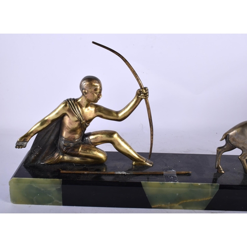 134 - A LARGE FRENCH ART DECO SPELTER MARBLE AND GREEN ONYX FIGURAL GROUP formed as Diana the archer and t... 