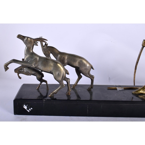 134 - A LARGE FRENCH ART DECO SPELTER MARBLE AND GREEN ONYX FIGURAL GROUP formed as Diana the archer and t... 