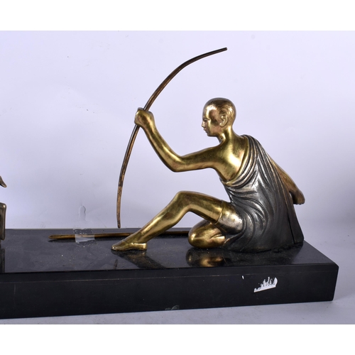 134 - A LARGE FRENCH ART DECO SPELTER MARBLE AND GREEN ONYX FIGURAL GROUP formed as Diana the archer and t... 