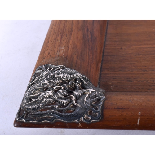 145 - A LARGE 19TH CENTURY JAPANESE MEIJI PERIOD SILVER MOUNTED HARDWOOD TRAY overlaid with silver dragon ... 