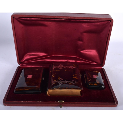 147 - A LOVELY LATE VICTORIAN CASED SILVER MOUNTED TORTOISESHELL BOXES together with a purse and box, over... 