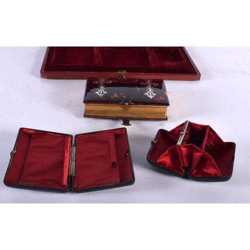147 - A LOVELY LATE VICTORIAN CASED SILVER MOUNTED TORTOISESHELL BOXES together with a purse and box, over... 