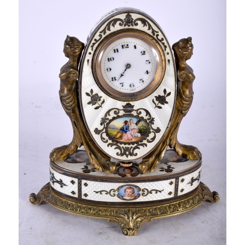 148 - A FINE LATE 19TH CENTURY MINIATURE SILVER GILT ENAMEL AND BRONZE CLOCK painted with portraits and lo... 