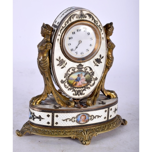 148 - A FINE LATE 19TH CENTURY MINIATURE SILVER GILT ENAMEL AND BRONZE CLOCK painted with portraits and lo... 