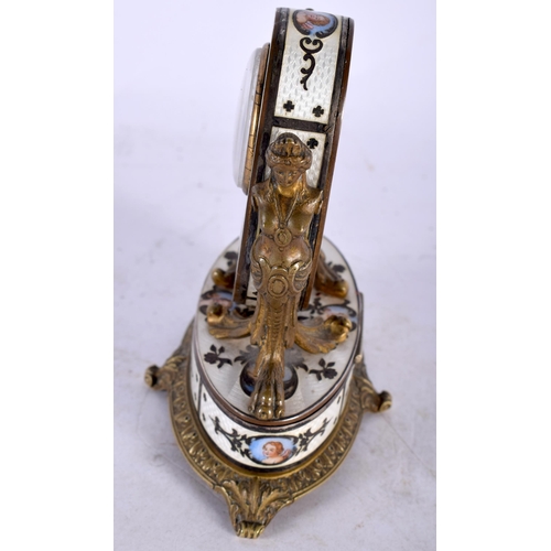148 - A FINE LATE 19TH CENTURY MINIATURE SILVER GILT ENAMEL AND BRONZE CLOCK painted with portraits and lo... 