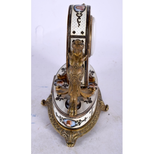 148 - A FINE LATE 19TH CENTURY MINIATURE SILVER GILT ENAMEL AND BRONZE CLOCK painted with portraits and lo... 