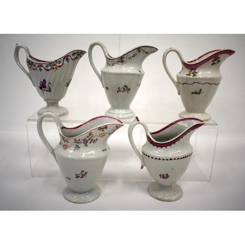 149 - New Hall and New Hall type five jugs, two with pattern numbers 211 and 176 N and three and four teab... 