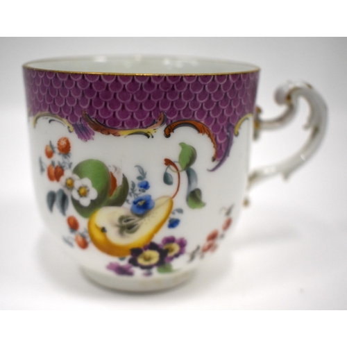 150 - 18th century Meissen coffee cup and saucer painted with fruit under a pink scale border (2) Height 7... 