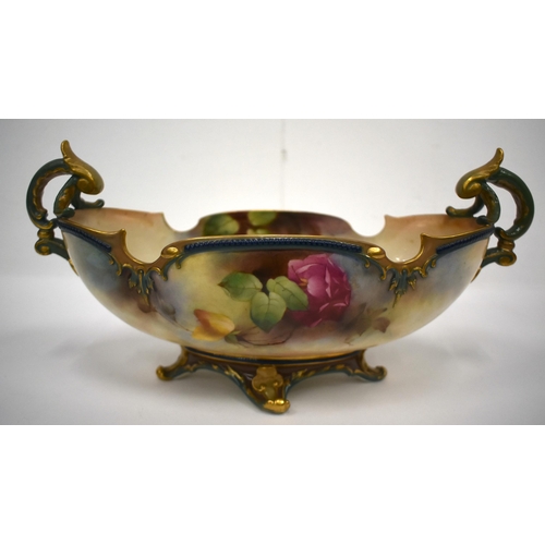 152 - Royal Worcester twin-handled vase of boat shape no 254, painted with pink and yellow roses date mark... 