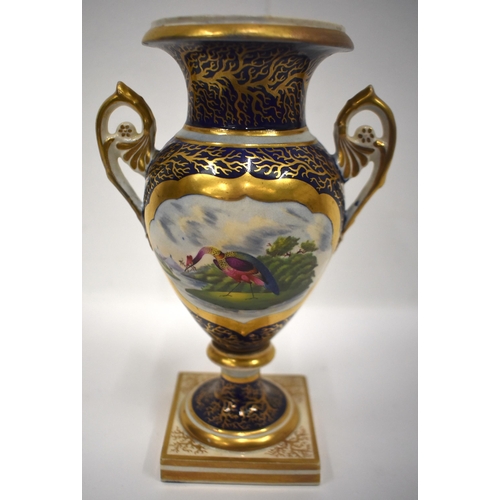 157 - 19th century English porcelain two-handled vase painted by Dr. Davis with a fancy bird in landscape ... 