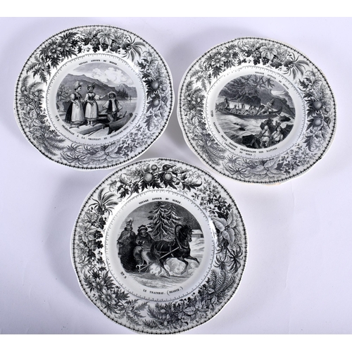 16 - A SET OF SIX 19TH CENTURY FRENCH BLACK AND WHITE MONTEREAU PLATES. 19 cm wide. (6)