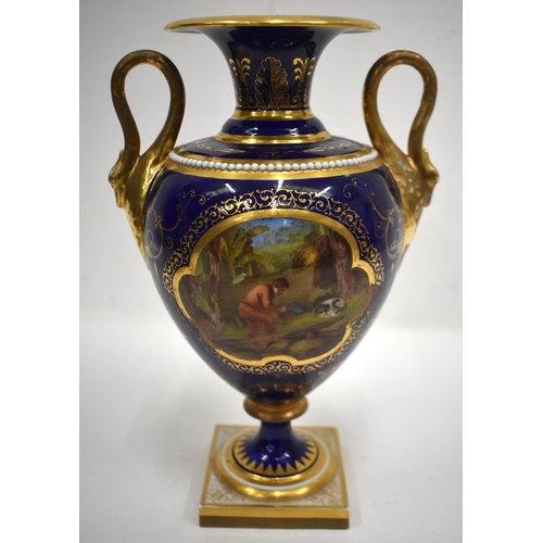 160 - Early 19th century Flight, Barr and Barr twin-handled swan necked vase, painted with two scenes, on ... 