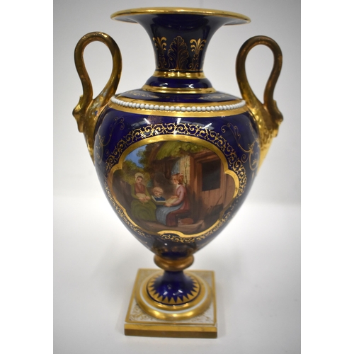 160 - Early 19th century Flight, Barr and Barr twin-handled swan necked vase, painted with two scenes, on ... 