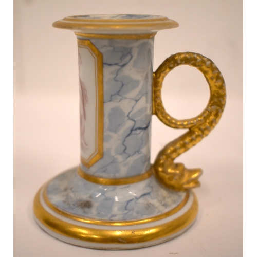 162 - Early 19th century Flight, Barr Worcester chamberstick with gilt panel painted in puce with a woman ... 