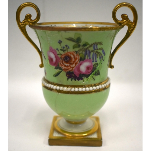 163 - Early 19th century Flight, Barr, and Barr Worcester two handled vase painted with flowers on a lime ... 